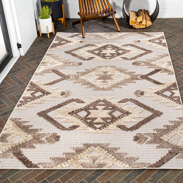 Sumak High-low Pile Neutral Diamond Kilim Area Rug